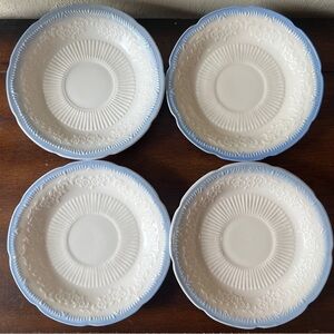Vintage Anchor Hocking Alice White Blue Trim Floral 6" Saucer Plates Set 4